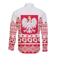 Unisex long-sleeve button shirt with red Polish crest and winter folk pattern on back