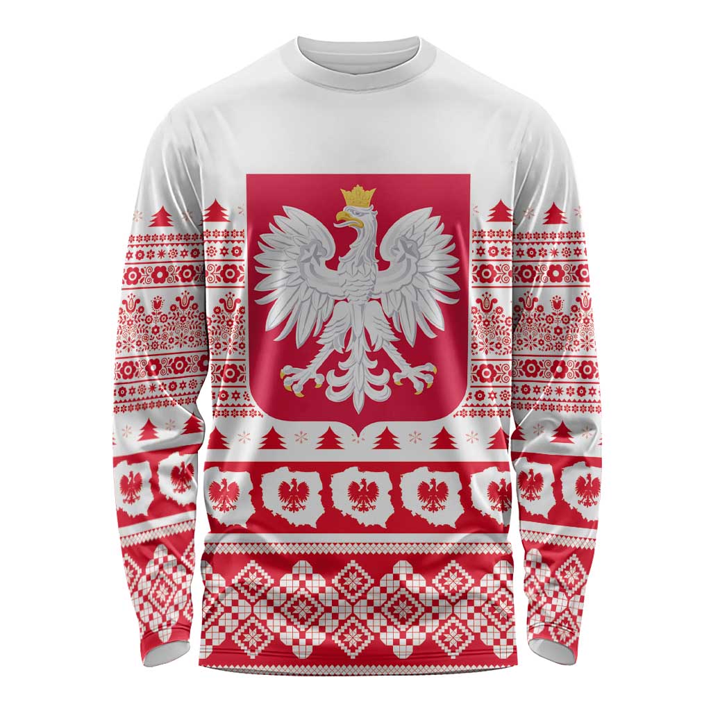 White long sleeve shirt with red folk pattern and central Polish eagle crest