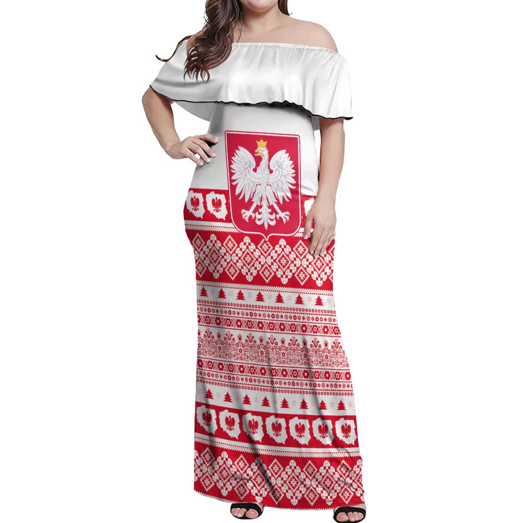 Polish Christmas Off Shoulder Maxi Dress - Poland Emblem and Lachy Sadeckie Pattern - Wonder Print Shop