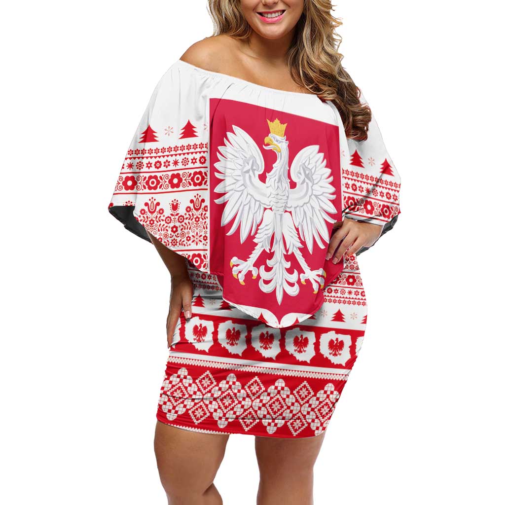 Polish Christmas Off Shoulder Short Dress - Poland Emblem and Lachy Sadeckie Pattern - Wonder Print Shop