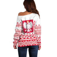 Women’s off-shoulder sweater from back, white with red folk pattern and Polish eagle emblem