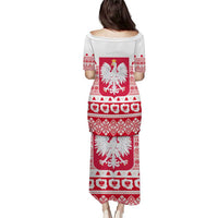 White long tunic dress back view with red Polish crest and folk stripe pattern, short sleeves