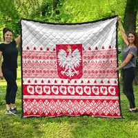 Red and white Polish Christmas quilt with Polish emblem and snowy folk stripe bands
