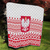 White and red quilt with quilted texture, Polish emblem panel, and decorative border