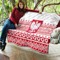 Red and white Polish Christmas quilt with Polish emblem, folk bands, and quilted top
