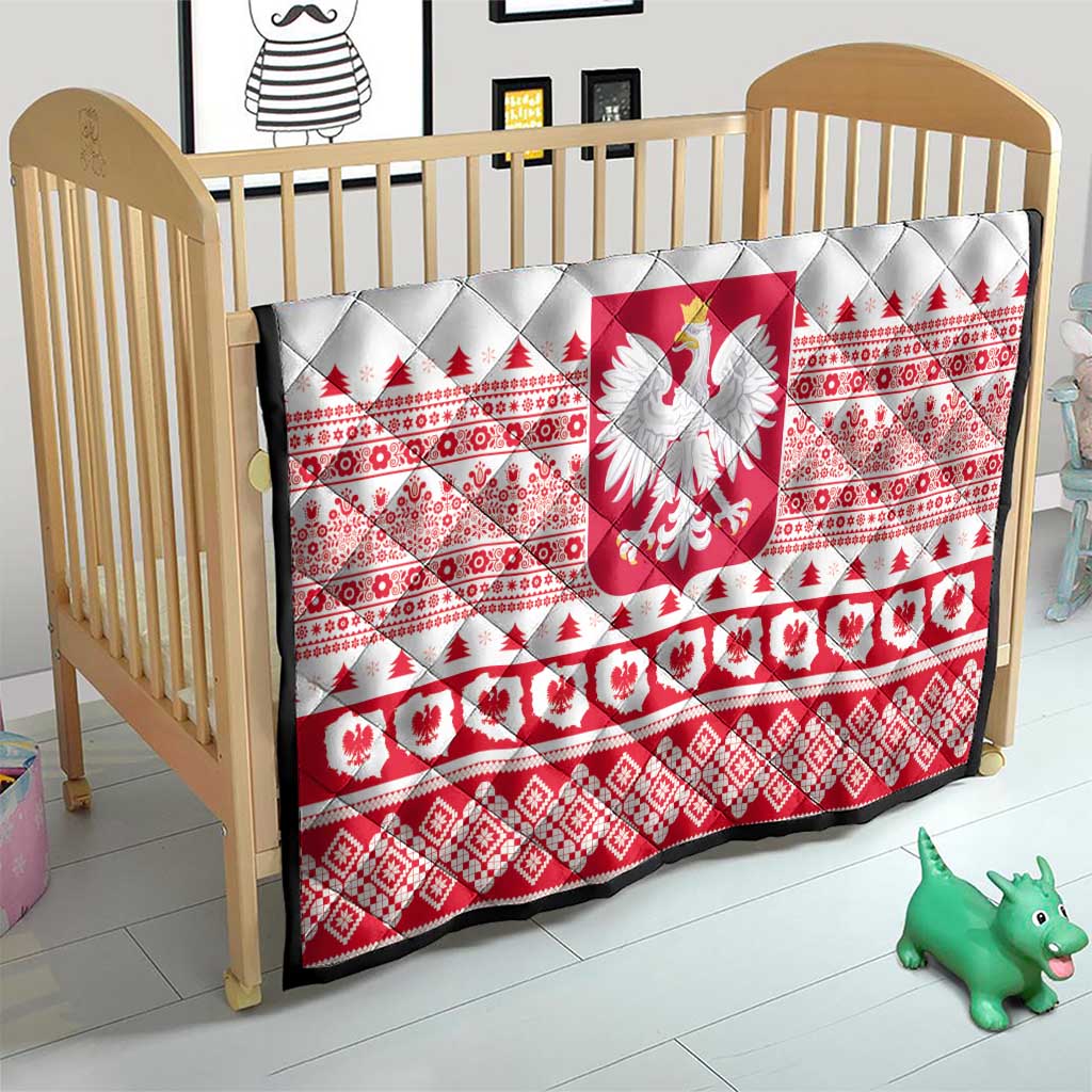 Red and white Polish Christmas quilt with Polish emblem on quilted diamond fabric for baby bed