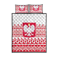 White base quilt bed set with red border, patchwork stripes, and central white eagle emblem