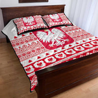 Red and white Christmas quilt bed set with eagle emblem center and decorative folk border