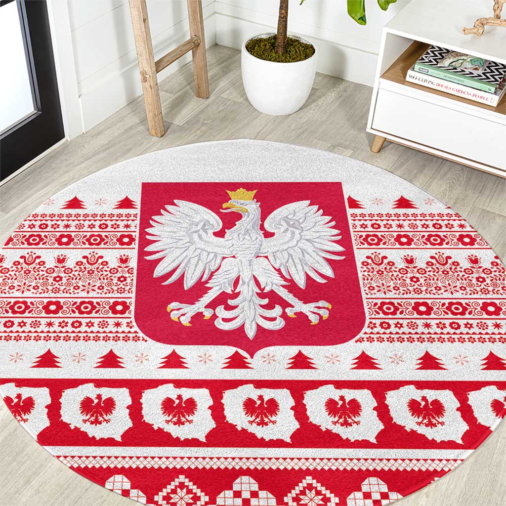 Round red-and-white Christmas carpet with white eagle emblem in center and border patterns