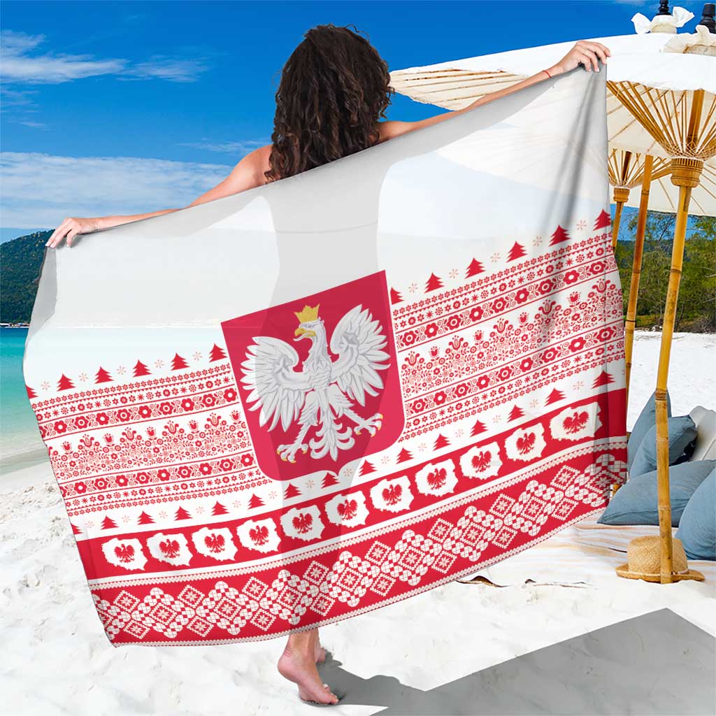 White Christmas sarong with red Polish emblem, eagle, and festive folk pattern