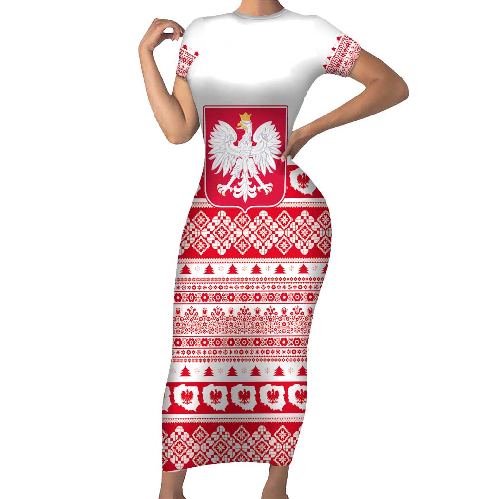 Polish Christmas Short Sleeve Bodycon Dress - Poland Emblem and Lachy Sadeckie Pattern - Wonder Print Shop