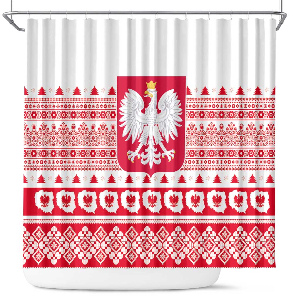 Polish Christmas Shower Curtain - Poland Emblem and Lachy Sadeckie Pattern