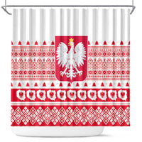White Poland Christmas shower curtain with red stripes, eagle emblem, and holiday folk pattern