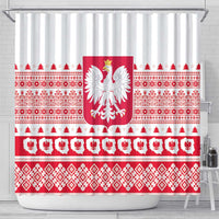 White Poland Christmas shower curtain with red stripes, eagle emblem, folk pattern, metal top rings