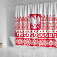 White Poland Christmas shower curtain with red and white eagle crest and traditional folk border