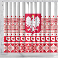 White Poland Christmas shower curtain with large red eagle emblem and red-and-white striped pattern