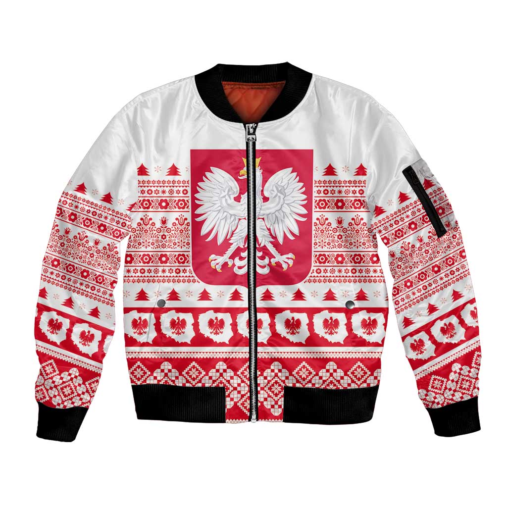 Polish Christmas Sleeve Zip Bomber Jacket - Poland Emblem and Lachy Sadeckie Pattern - Wonder Print Shop