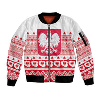 White unisex bomber jacket with zip front, red folk pattern and Polish eagle emblem