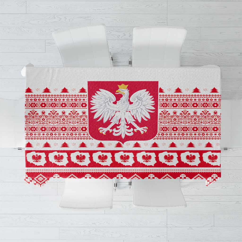 Polish Christmas tablecloth in red and white with central eagle emblem and patterned border