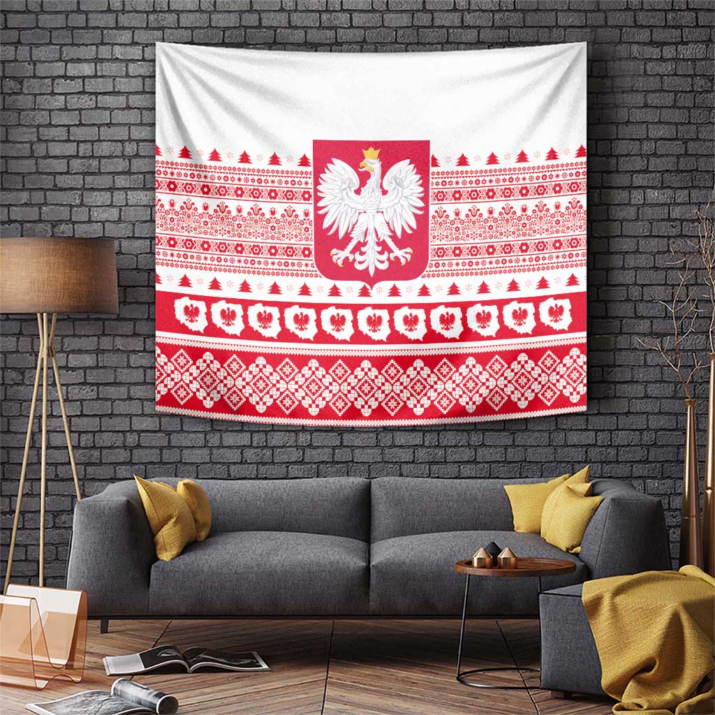 Rectangular Christmas tapestry with Polish eagle emblem and red-and-white folk stripes