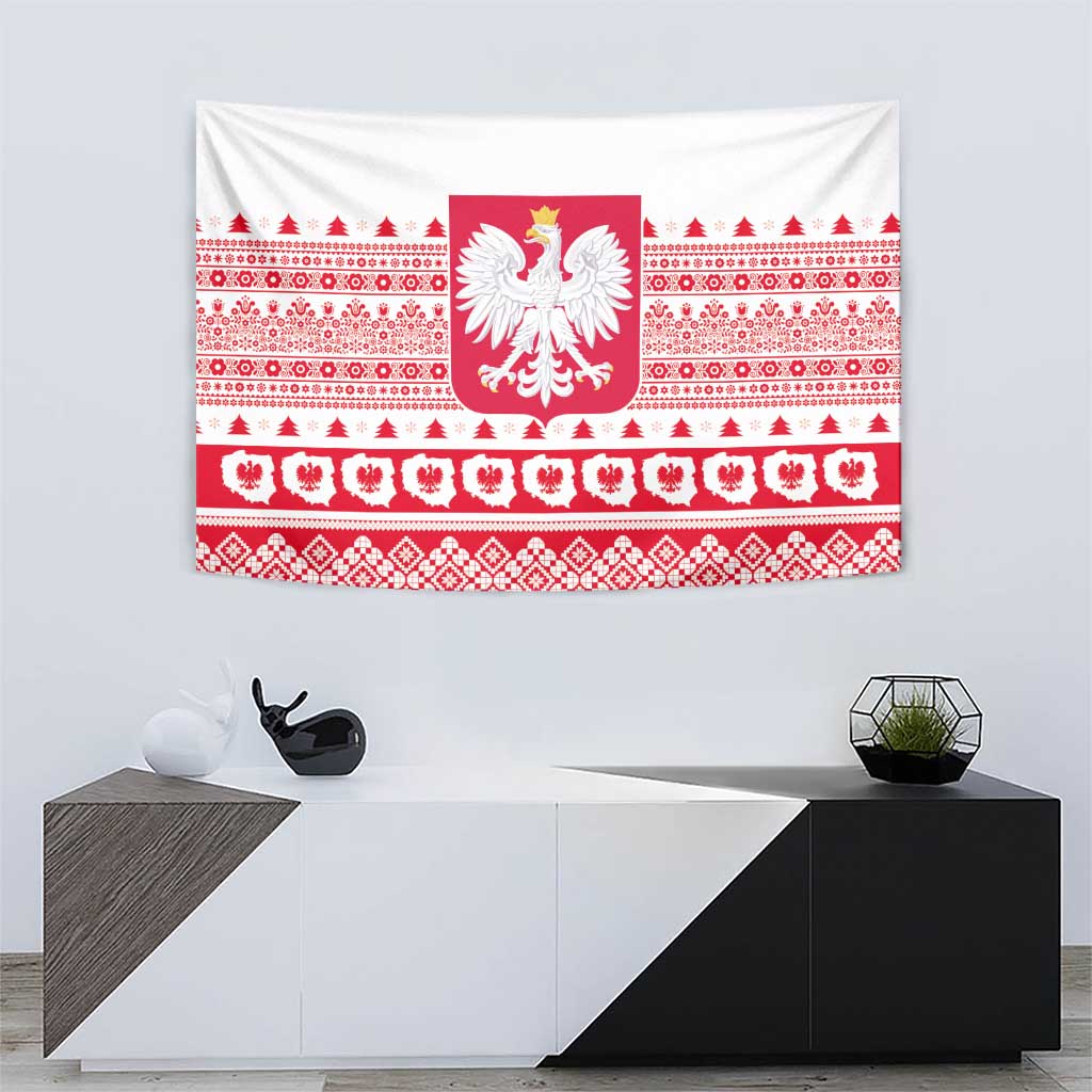 Hanging Christmas tapestry with Polish emblem shield and red-and-white holiday pattern