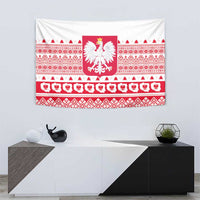 Hanging Christmas tapestry with Polish emblem shield and red-and-white holiday pattern