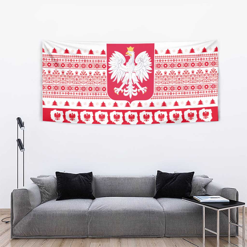 Christmas tapestry with Polish eagle crest and repeating red-and-white decorative bands