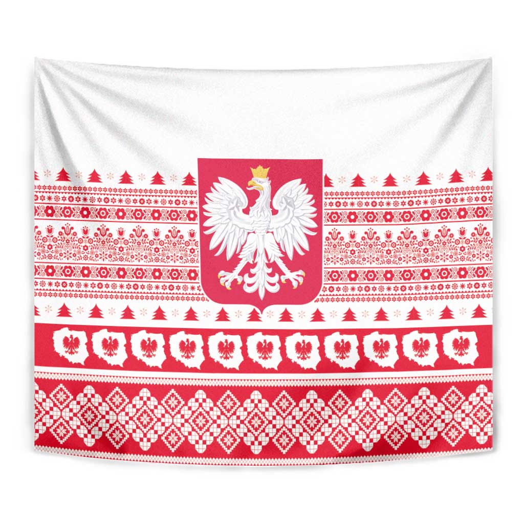 Close view Christmas tapestry showing Polish eagle emblem on red-and-white patterned fabric