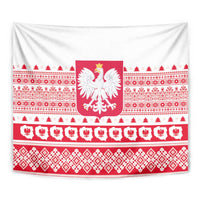 Close view Christmas tapestry showing Polish eagle emblem on red-and-white patterned fabric