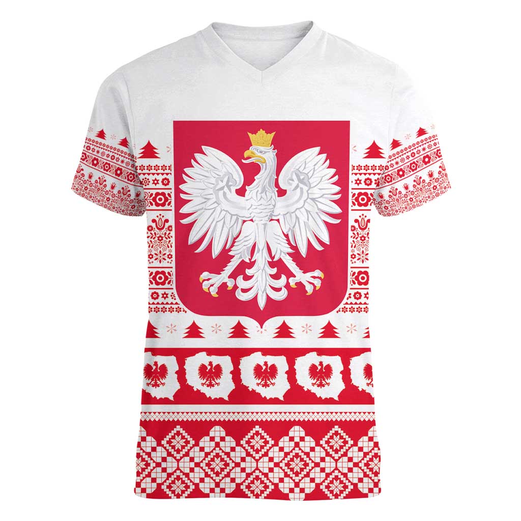 Polish Christmas Women V-Neck T-Shirt - Poland Emblem and Lachy Sadeckie Pattern - Wonder Print Shop