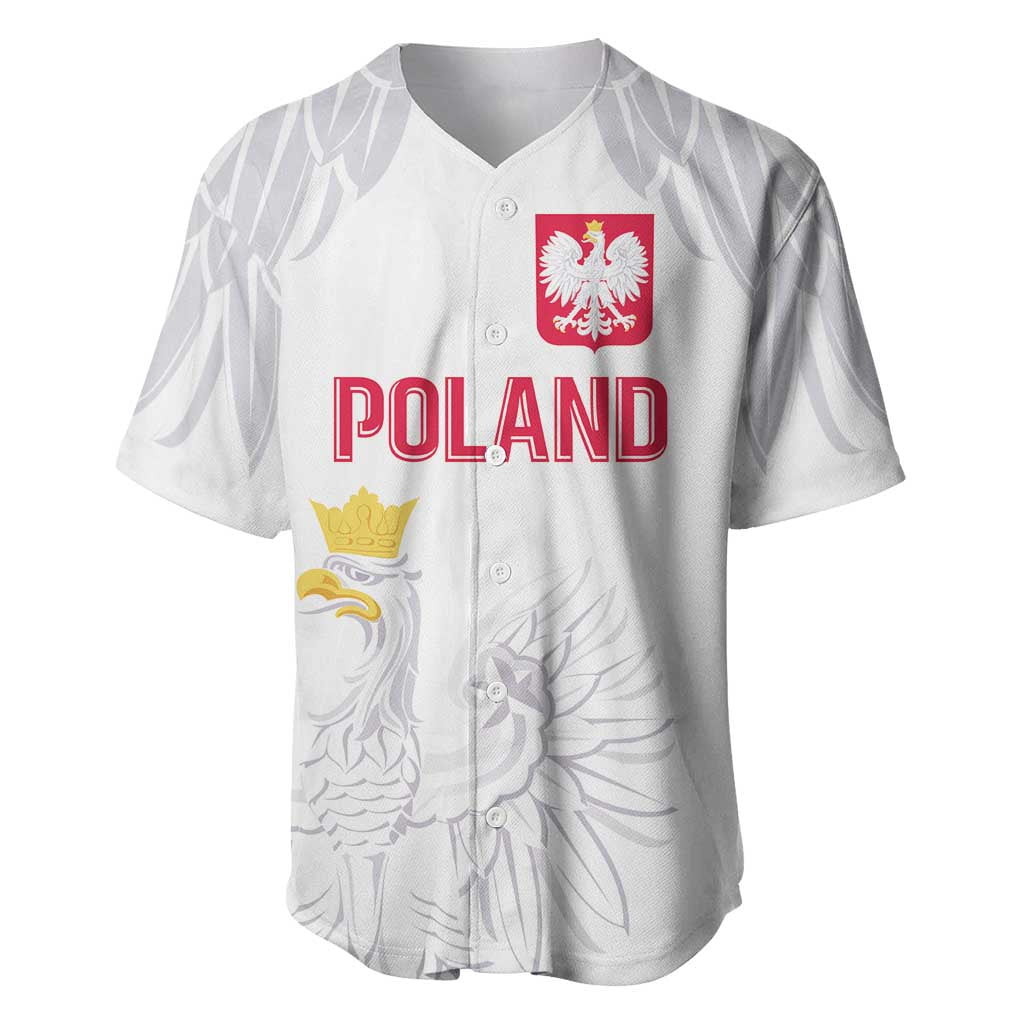 White Poland football jersey, V-neck with buttons; eagle and "POLAND" on front.