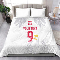 White duvet bedding set with Polish crest, eagle motif, red 9 and custom text on center.