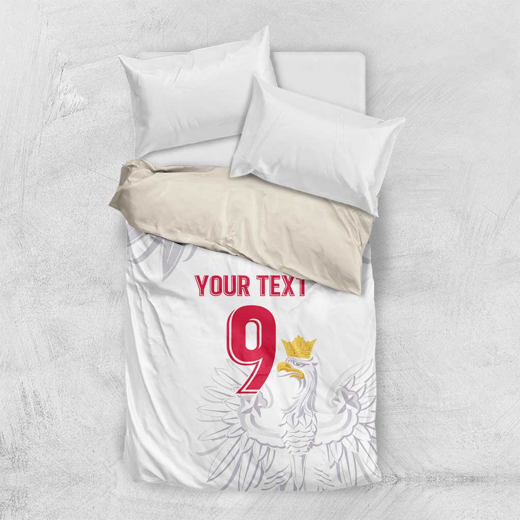 White duvet bedding set with two pillows, Polish crest and eagle art with red 9 and text.