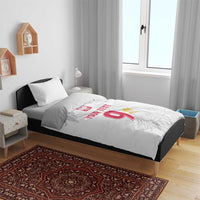 White duvet bedding set featuring Polish crest, eagle graphic, red 9 and custom text on top.