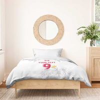 White duvet with two pillows featuring Polish crest, eagle artwork, red 9 and custom text.
