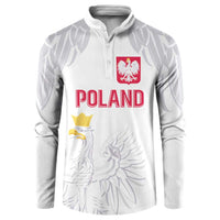 White long-sleeve button sweatshirt with POLAND text, Polish crest and eagle graphic