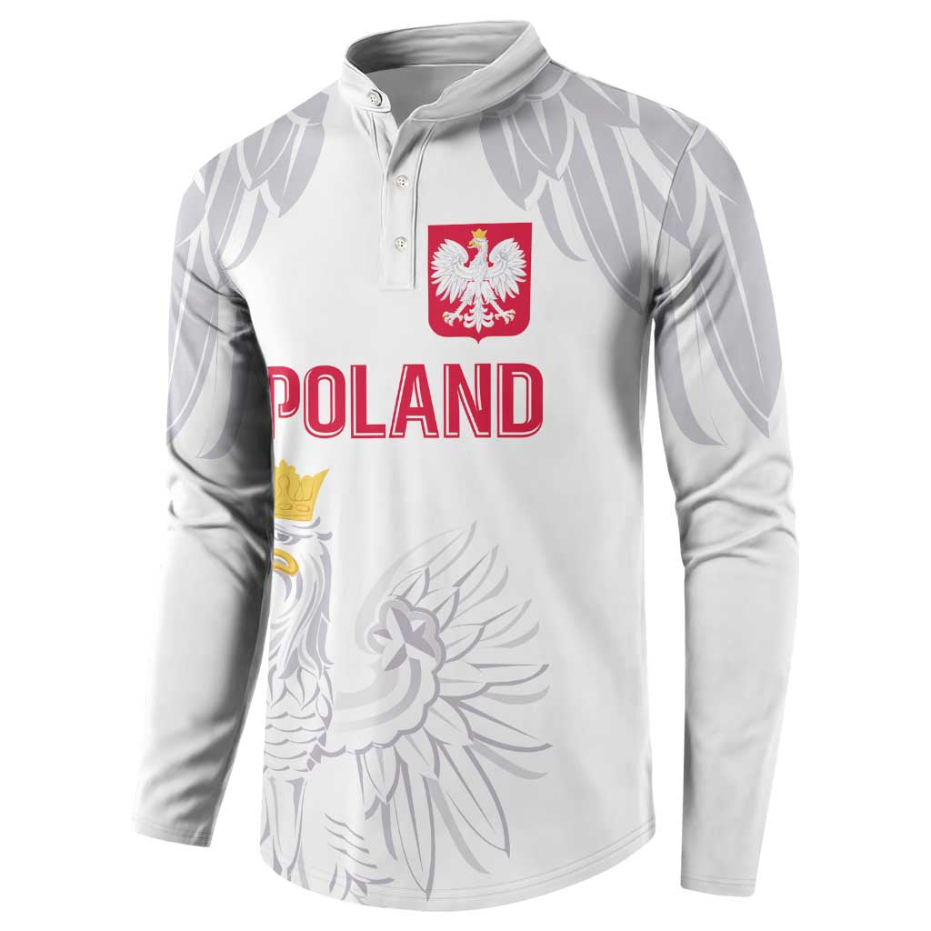 White long-sleeve button sweatshirt front with POLAND lettering and eagle wings print