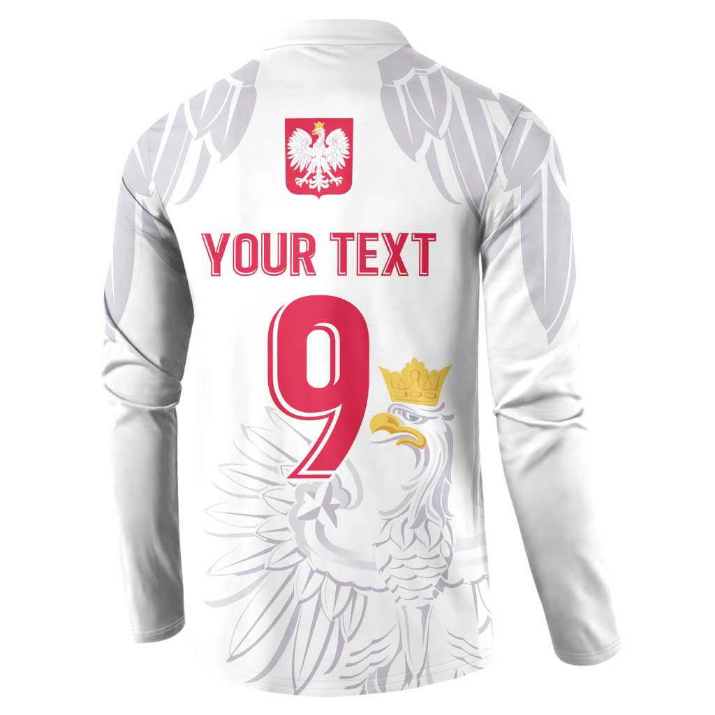 White long-sleeve button sweatshirt back with YOUR TEXT, number 9, and eagle crest