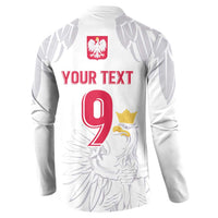 White long-sleeve button sweatshirt back with YOUR TEXT, number 9, and eagle crest