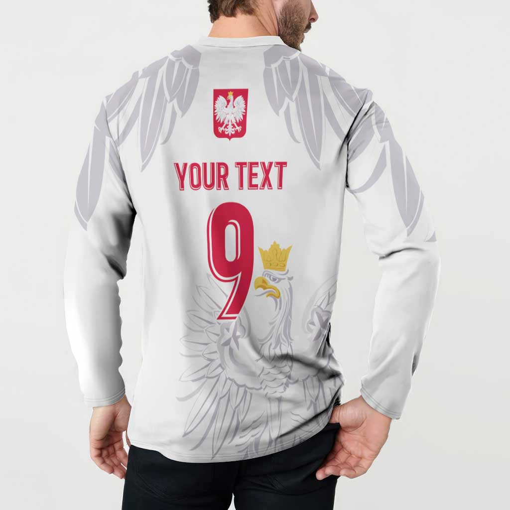 White long-sleeve button sweatshirt on model back with YOUR TEXT, 9, and crest