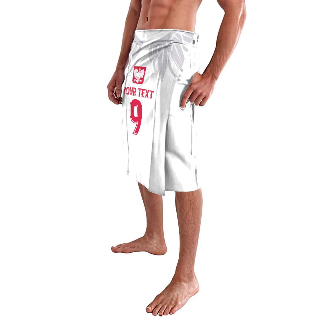 White soccer jersey side view with red text, Polish crest, and number 9