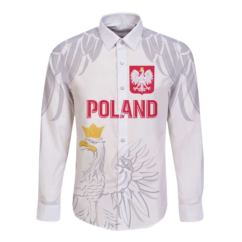 White long-sleeve football button jersey with Poland crest, eagle graphic, and POLAND text