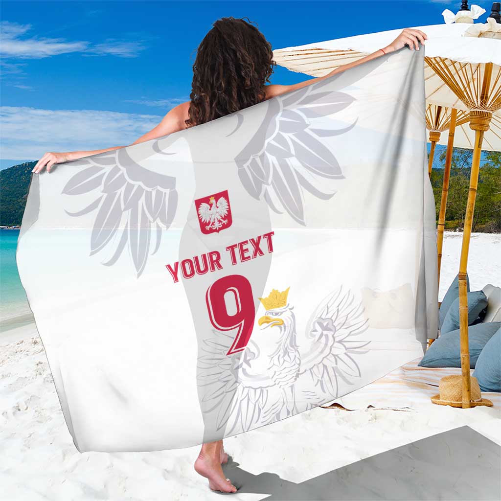 White eagle sarong with 'YOUR TEXT' and 9 print, shoulder drape