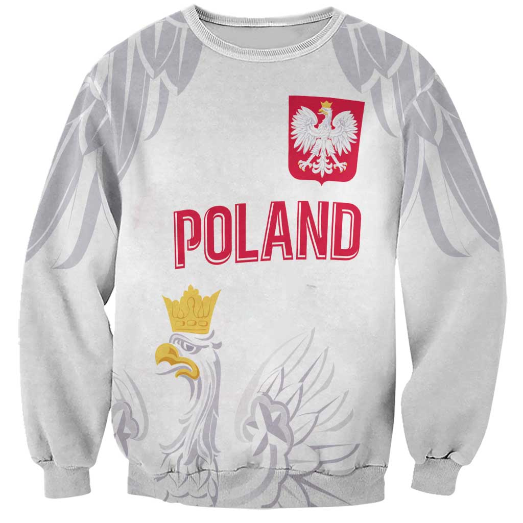 Poland eagle sweatshirt, white with gray sleeves, POLAND text and crest front