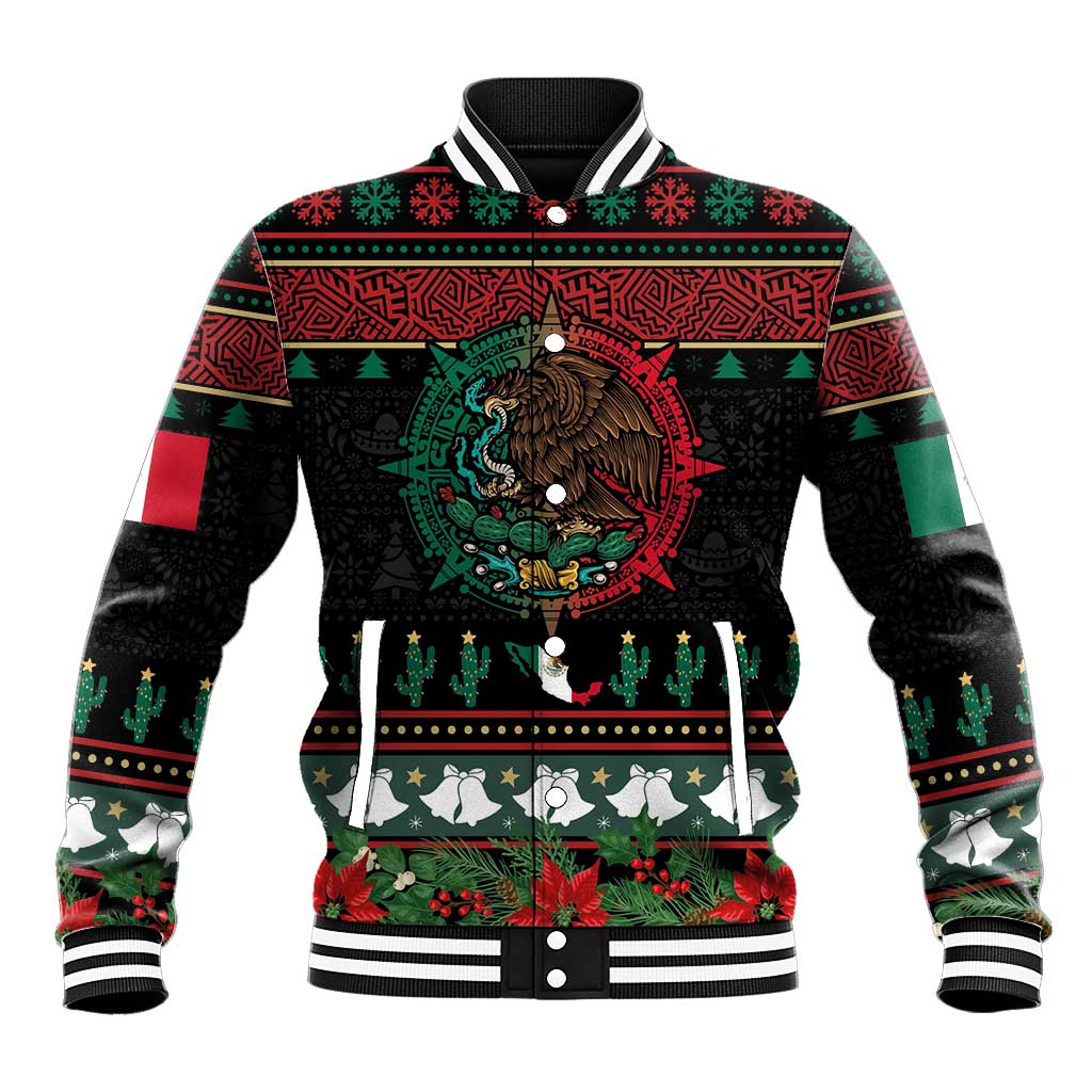 Unisex black baseball jacket with eagle emblem, Aztec pattern, and festive holiday print