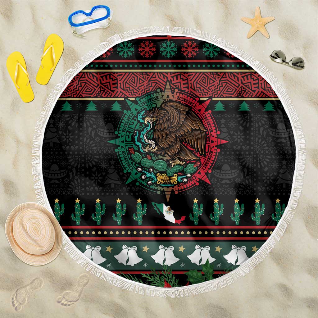 Mexican Christmas Beach Blanket Feliz Navidad Aztec Eagle Emblem and Poinsettia - Wonder Print Shop