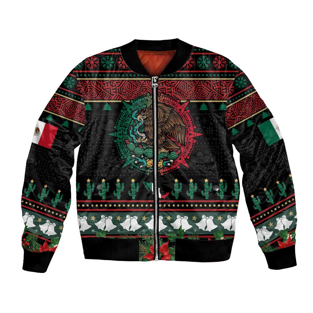 Unisex black bomber jacket with teal eagle emblem and Aztec-style festive trim