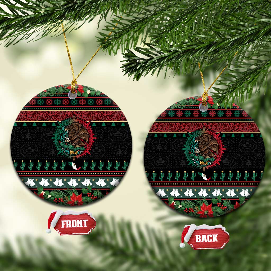 Black round Mexican Christmas ceramic ornament with Aztec eagle emblem and poinsettia