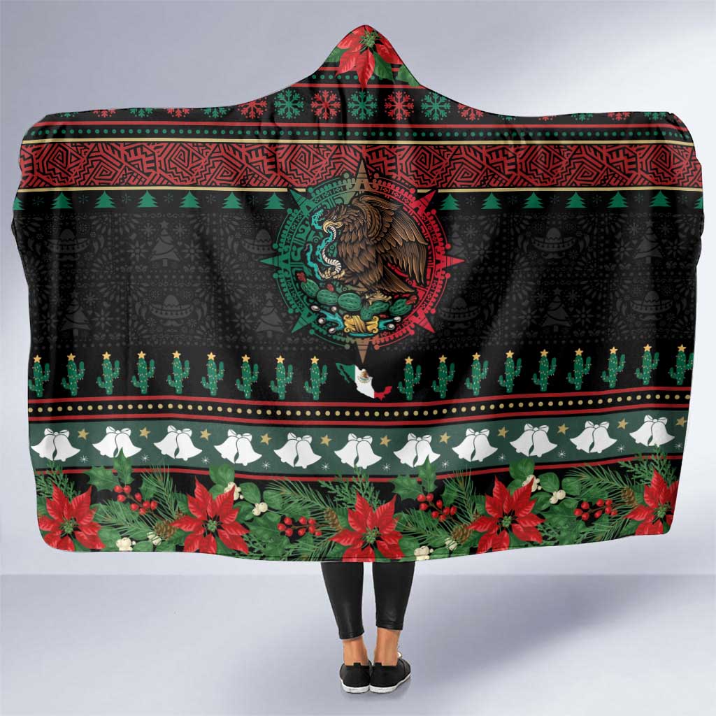 Mexican Christmas Hooded Blanket Feliz Navidad Aztec Eagle Emblem and Poinsettia