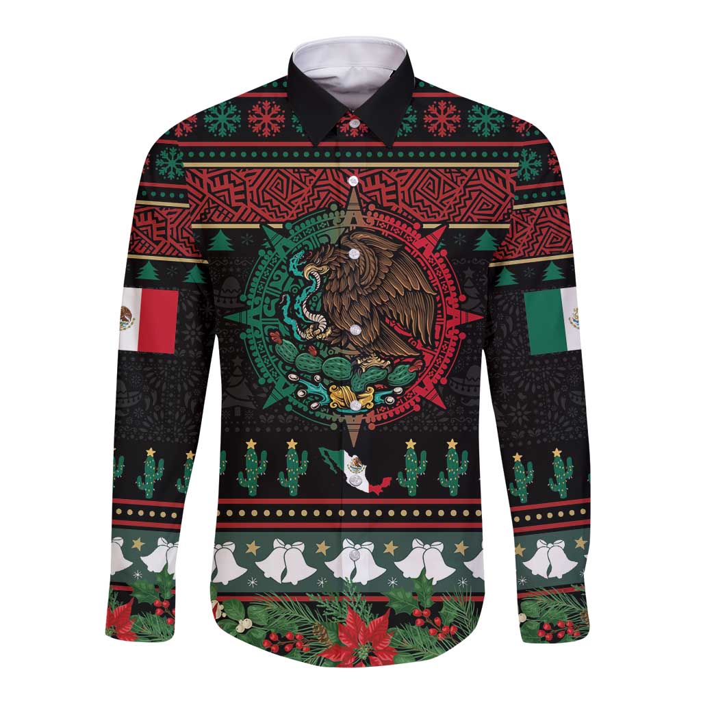 Black long-sleeve button shirt with eagle emblem, aztec pattern and poinsettia